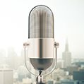 mic with a city in the background