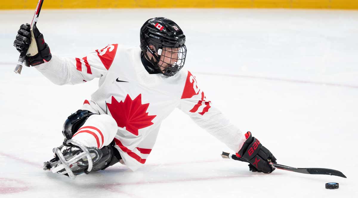 Gatineau's Anton Jacobs-Webb during Canada's para ice hockey preliminary round against the USA at the Beijing 2022 Paralympic Winter Games. Photo: Canadian Paralympic Committee/Angela Burger
