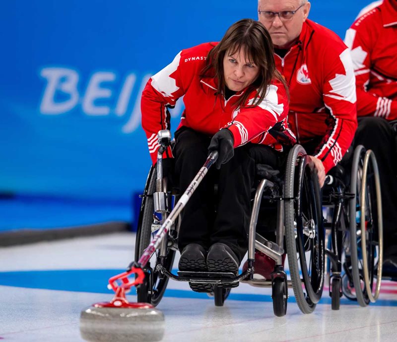 Ina Forrest at Canada’s wheelchair curling round robin session 2 against Switzerland at the Beijing 2022 Paralympic Games on March 3.  Photo: Canadian Paralympic Committee/ Angela Burger