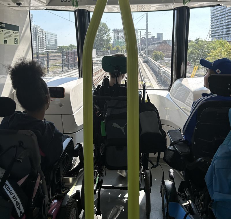 A group of students who attend the Mackay Centre School’s satellite class at Westmount High School take a ride on the new REM, testing its accessibility. Photo courtesy of Mackay Centre School