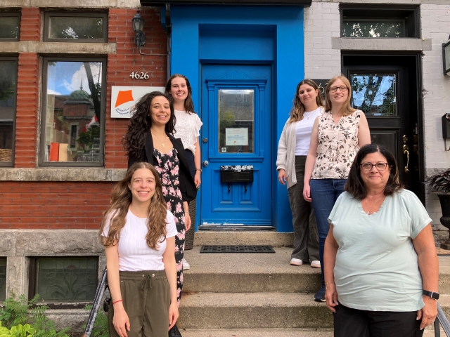 Standing on the front steps of the Westmount- based Montreal Fluency Centre, from bottom to top on the left: Katherine Bavaro (clinician), Nesma Etoubashi (clinician) and Gillian Nyberg (clinician); right: Sandra Furfaro (executive director), Jillian Budd (clinician) and Jessica Haddad (office coordinator).