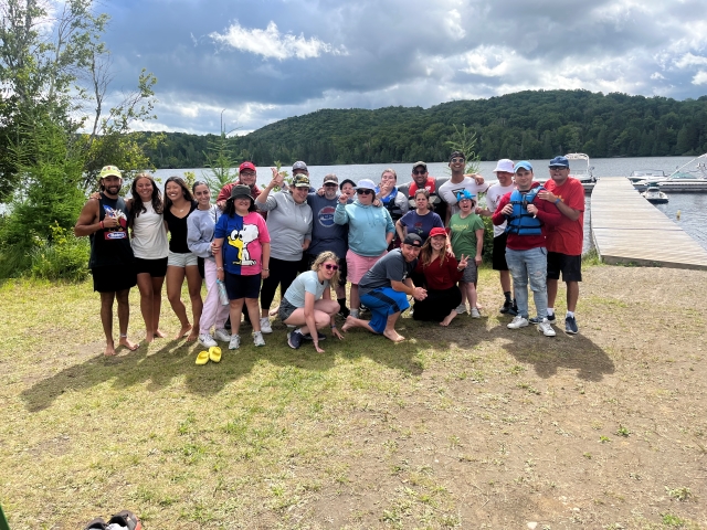 The 2022 summer camp group poses at the waterfront after a motor-boat outing. Photo courtesy of Camp B’Nai Brith