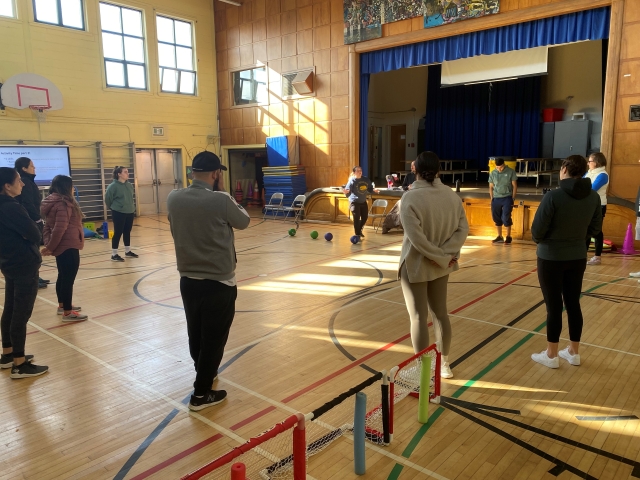 Physical Education teachers from the EMSB watch as Diana Piazza demonstrates how to adapt activities following a training session provided by Special Olympics Quebec October 28 at Parkdale Elementary School.