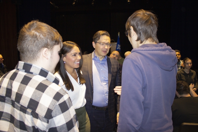 Pierre Poilievre and his wife Anaida Galindo speak with Wagar students on January 16.