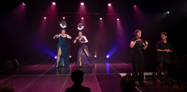 Selma, left, and Uma Gahd hosting Cabaret Dragcessible, with Brooke Nancekivell, American Sign Language interpreter, and Catherine Langevin-Pépin, Langue des signes québécoise interpreter at the MAI on October 17. Photo: David Wong  