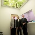 From left: Alan Maislin, former president of the board of directors of CIUSSS West-Central Montreal; Lionel Carmant, provincial minister responsible for Social Services; and Dr. Lawrence Rosenberg, president and CEO of the Integrated Health and Social Services University Network for West-Central Montreal, enjoy a view of the skylight in one of the calming areas at the clinic in April 2024. Photo courtesy of CIUSSS West-Central Montreal  