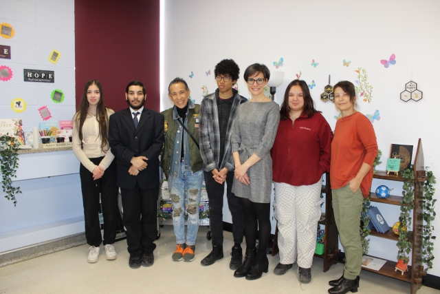 From left, Ammi Moreno, Ahad Asif, Simon Chang, Jeth Anderson-Stewart, Anna Gualtieri, Kellie-Anne Labonté and Maria Caldarella celebrate the Difference Maker award at L.I.N.K.S. High School on March 26. Photo: Wendy Singer