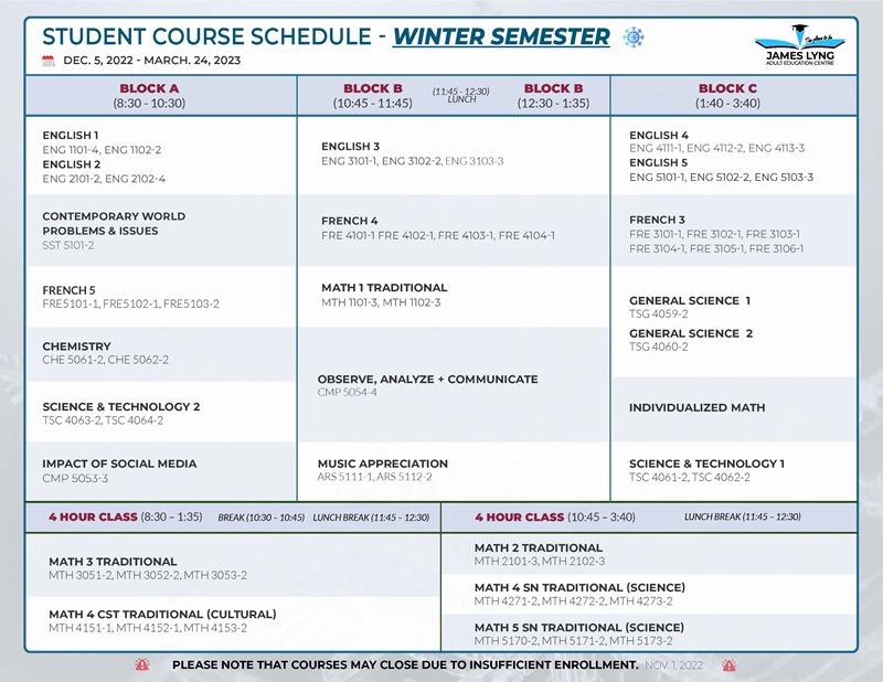 DBE  winter course schedule 