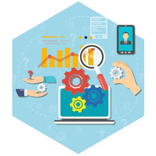 a hex shaped icon filled with gears, graphs, and other data representative tools