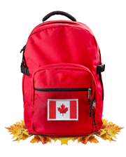 a red backpack with a patch of the Canadian flag, on top of some maple leaves
