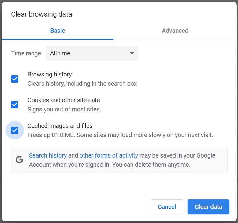 In the Clear Browsing Data dialog box, on the Basic tab, all three checkboxes are selected: Browsing History, Cookies and Other Site Data, and Cached Images and Files.