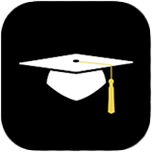 Icon of a white graduation cap with a black rounded square background