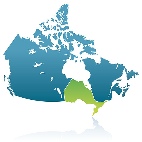 une carte bleue du Canada avec l’Ontario surligné en vert